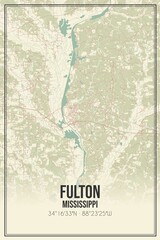 Retro US city map of Fulton, Mississippi. Vintage street map.