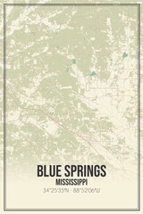Retro US city map of Blue Springs, Mississippi. Vintage street map.