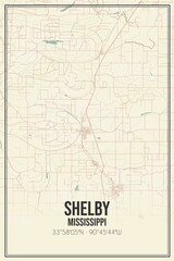 Retro US city map of Shelby, Mississippi. Vintage street map.