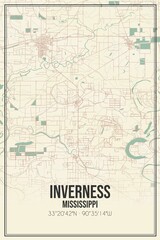 Retro US city map of Inverness, Mississippi. Vintage street map.
