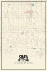 Retro US city map of Shaw, Mississippi. Vintage street map.
