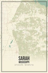 Retro US city map of Sarah, Mississippi. Vintage street map.