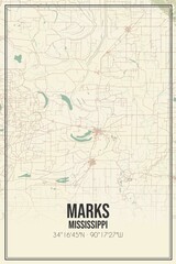 Retro US city map of Marks, Mississippi. Vintage street map.