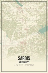 Retro US city map of Sardis, Mississippi. Vintage street map.