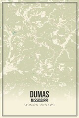 Retro US city map of Dumas, Mississippi. Vintage street map.