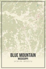 Retro US city map of Blue Mountain, Mississippi. Vintage street map.