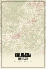 Retro US city map of Columbia, Tennessee. Vintage street map.