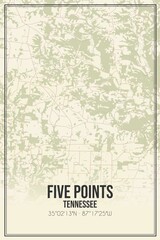 Retro US city map of Five Points, Tennessee. Vintage street map.