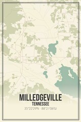 Retro US city map of Milledgeville, Tennessee. Vintage street map.
