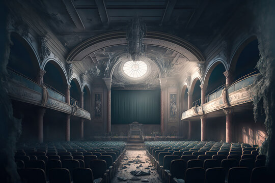 AI generated image of a ruined abandoned theater in England or France