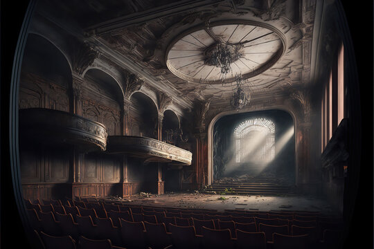 AI generated image of a ruined abandoned theater in England or France