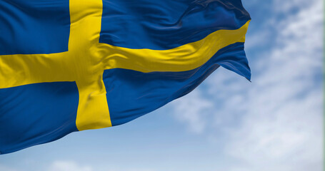 Close-up view of the Sweden national flag waving in the wind