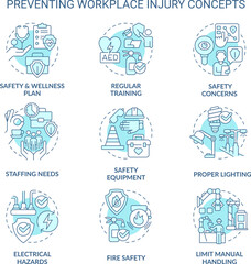 Avoiding workplace injury turquoise concept icons set. Employee health and safety idea thin line color illustrations. Isolated symbols. Editable stroke. Roboto-Medium, Myriad Pro-Bold fonts used