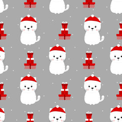 Cute cats with red hat. Christmas seamless pattern with gifts and cats
