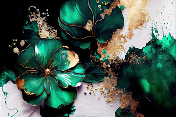flower marble texture with abstract green, white, glitter and gold background alcohol ink colors	
