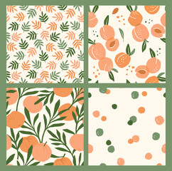 Abstract collection of seamless patterns with apricots and oranges.