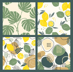 Abstract collection of seamless patterns with lemons, leaves and geometric shapes. Modern design