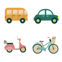 Zelfklevend Fotobehang Autorace Vehicles set. Bicycle, bike, car, bus