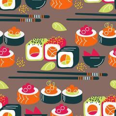set of sushi and chopsticks make up a seamless pattern