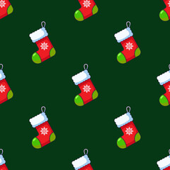 Vector seamless pattern of Christmas sock on dark green background. Winter, Christmas and New Year concept