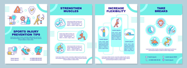Sports injury prevention tips blue brochure template. Leaflet design with linear icons. Editable 4 vector layouts for presentation, annual reports. Arial-Black, Myriad Pro-Regular fonts used