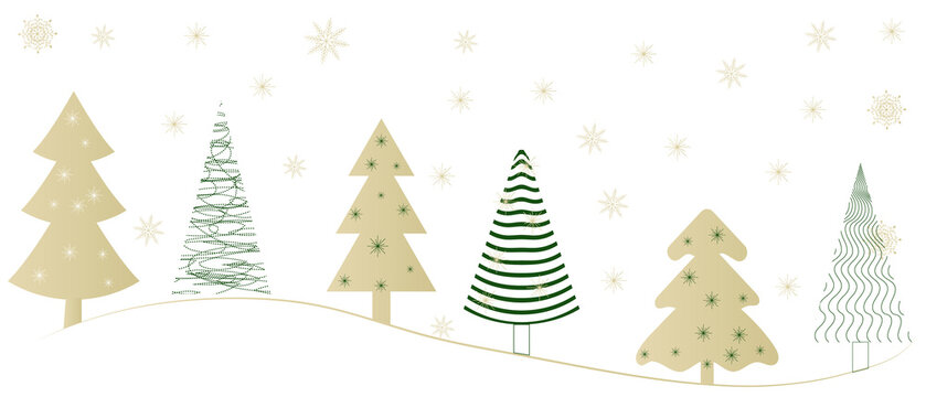 Collection of decorative, creative green Christmas trees and gold stars in different designs - vector illustration