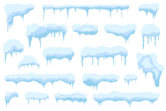 Snow caps and snowdrifts isolated on blue background. Set of white snow caps with icicles and piles with icy texture