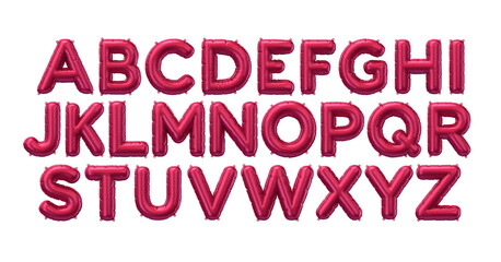 Alphabet. 3D Render of magenta colored inflatable foil balloon letters. Party decoration element. Black Friday, shopping. Pink sign isolated on white background. Graphic element for web design