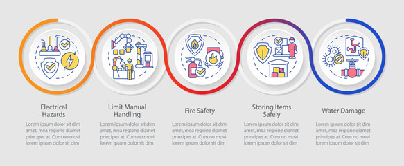 Ways to reduce amount of accidents in workplace loop infographic template. Data visualization with 5 steps. Timeline info chart. Workflow layout with line icons. Myriad Pro-Regular font used