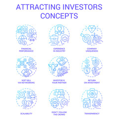 Attracting investors blue gradient concept icons set. Involve funding. Small business financing idea thin line color illustrations. Isolated symbols. Roboto-Medium, Myriad Pro-Bold fonts used