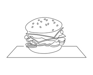 Delicious fresh burger. Fast food symbol. Continuous line drawing illustration
