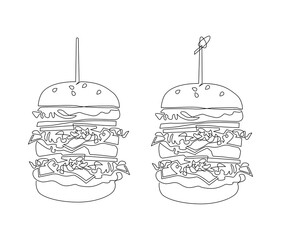 Delicious fresh burger. Fast food symbol. Continuous line drawing illustration