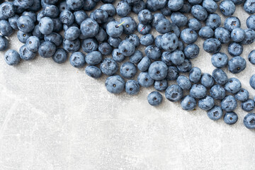 Raw Organic Blueberries on a gray background, side view. Copy space.