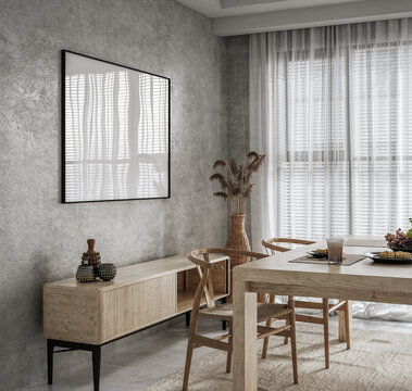 Frame mockup in dining room interior, loft in industrial style, 3d render
