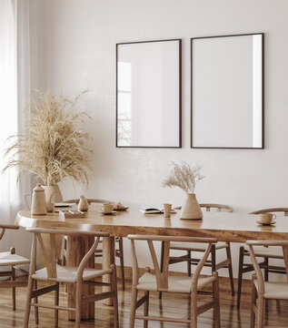 Frame mockup in farmhouse dining room interior, 3d render