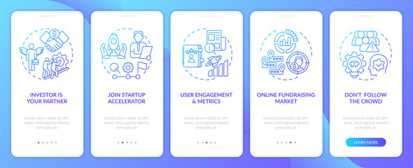 Ways to attract investors onboarding blue gradient mobile app screen. Walkthrough 5 steps editable graphic instructions with linear concepts. UI, UX, GUI template. Myriad Pro-Bold, Regular fonts used