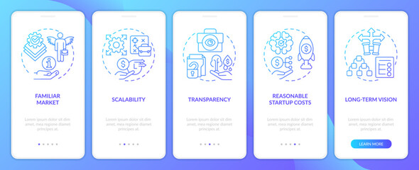 Attract investors factors onboarding blue gradient mobile app screen. Walkthrough 5 steps editable graphic instructions with linear concepts. UI, UX, GUI template. Myriad Pro-Bold, Regular fonts used