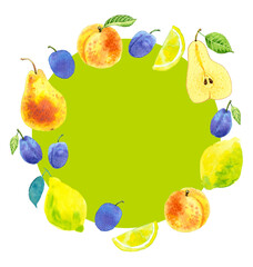 Watercolour painted  fruits round border with bright pear, plum, peach, lemon. Aquarelle art. Floral frame. Juicy and colorful. Hand drawn illustration isolated. 