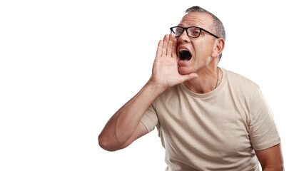 Fototapeta premium PNG shot of a handsome mature man standing alone against a grey background in the studio and shouting