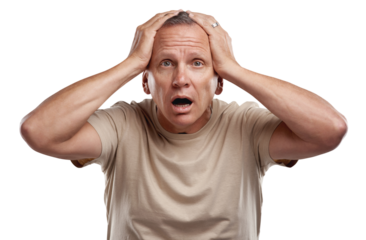 PNG shot of a handsome mature man standing alone against a grey background in the studio and looking shocked