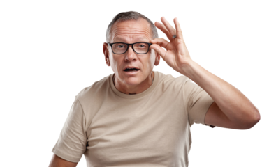 PNG shot of a handsome mature man standing alone against a grey background in the studio and adjusting his glasses