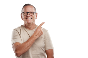 Shot of a handsome mature man standing alone against a grey background in the studio and pointing at a promotion
