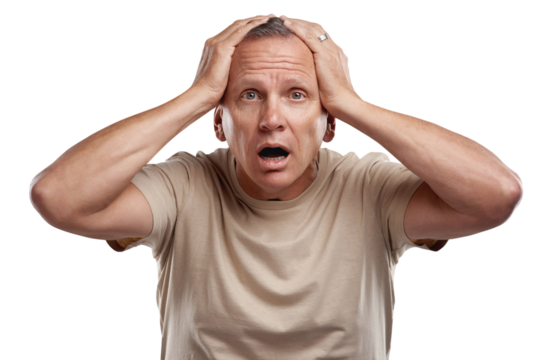 PNG shot of a handsome mature man standing alone against a grey background in the studio and looking shocked
