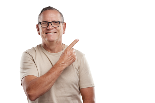 Shot of a handsome mature man standing alone against a grey background in the studio and pointing at a promotion