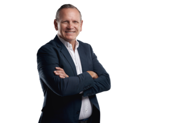 PNG Shot of a handsome mature businessman standing alone against a grey background in the studio with his arms folded