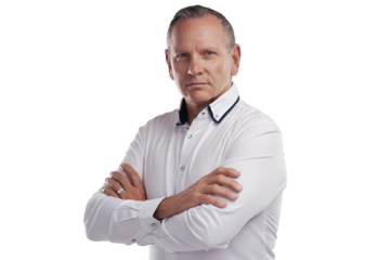 PNG shot of a handsome mature businessman standing alone against a grey background in the studio with his arms folded