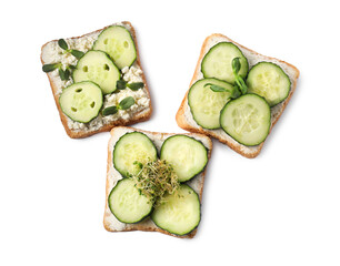 Tasty toasts with cucumber, cream cheese and microgreens isolated on white, top view