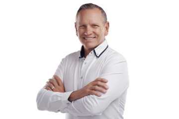 PNG shot of a handsome mature businessman standing alone against a grey background in the studio with his arms folded