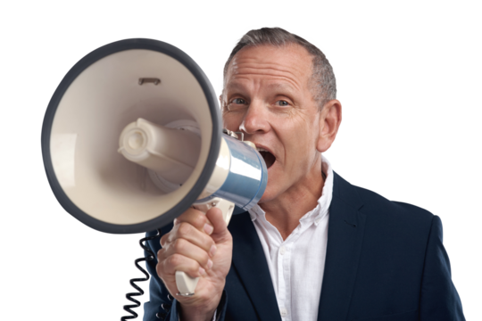 PNG shot of a handsome mature businessman standing alone against a grey background in the studio and using a megaphone