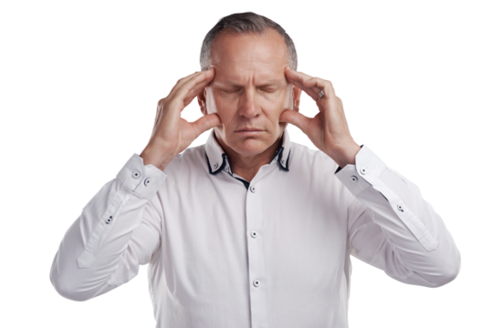 PNG shot of a handsome mature businessman standing alone against a grey background in the studio and feeling stressed